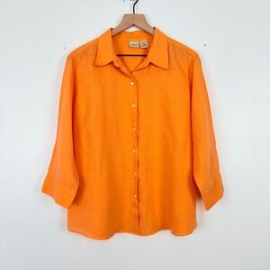 LL‎ Bean 100% Linen Button Down Shirt Womens XL Orange 3/4 Sleeve Classic Fit